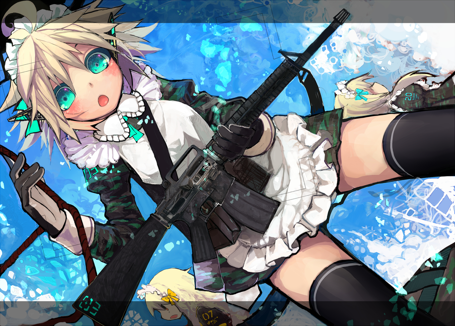 aqua_eyes, blonde_hair, blush, goose_h, gun, maid, original, thighhighs, weapon