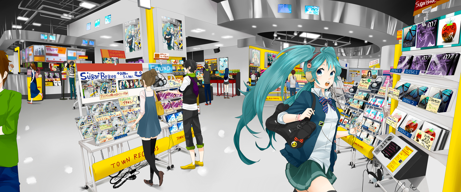 aqua_eyes, aqua_hair, hatsune_miku, headphones, long_hair, momoiro_oji, school_uniform, thighhighs, twintails, vocaloid