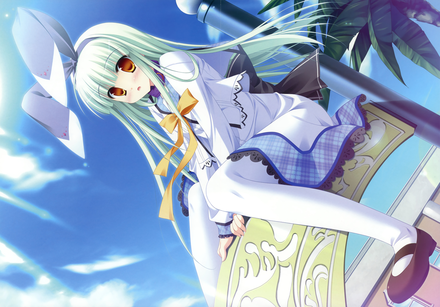 animal_ears, blue_hair, bunny_ears, bunnygirl, diamic_days, dress, game_cg, himenogawa_kotora, pantyhose, sesena_yau, sky