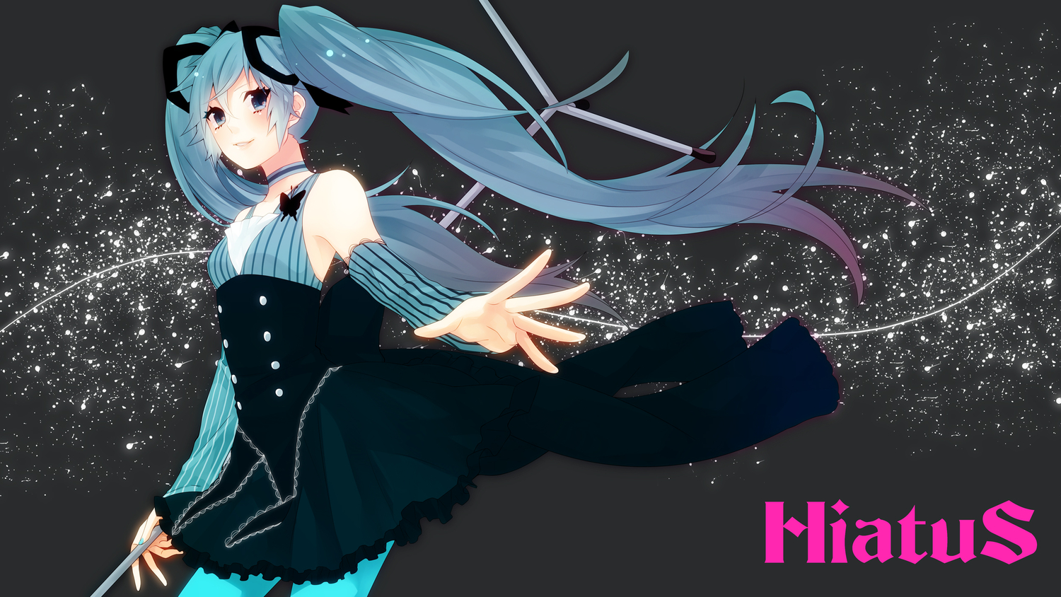 aqua_hair, black, dress, hatsune_miku, long_hair, momoiro_oji, twintails, vocaloid