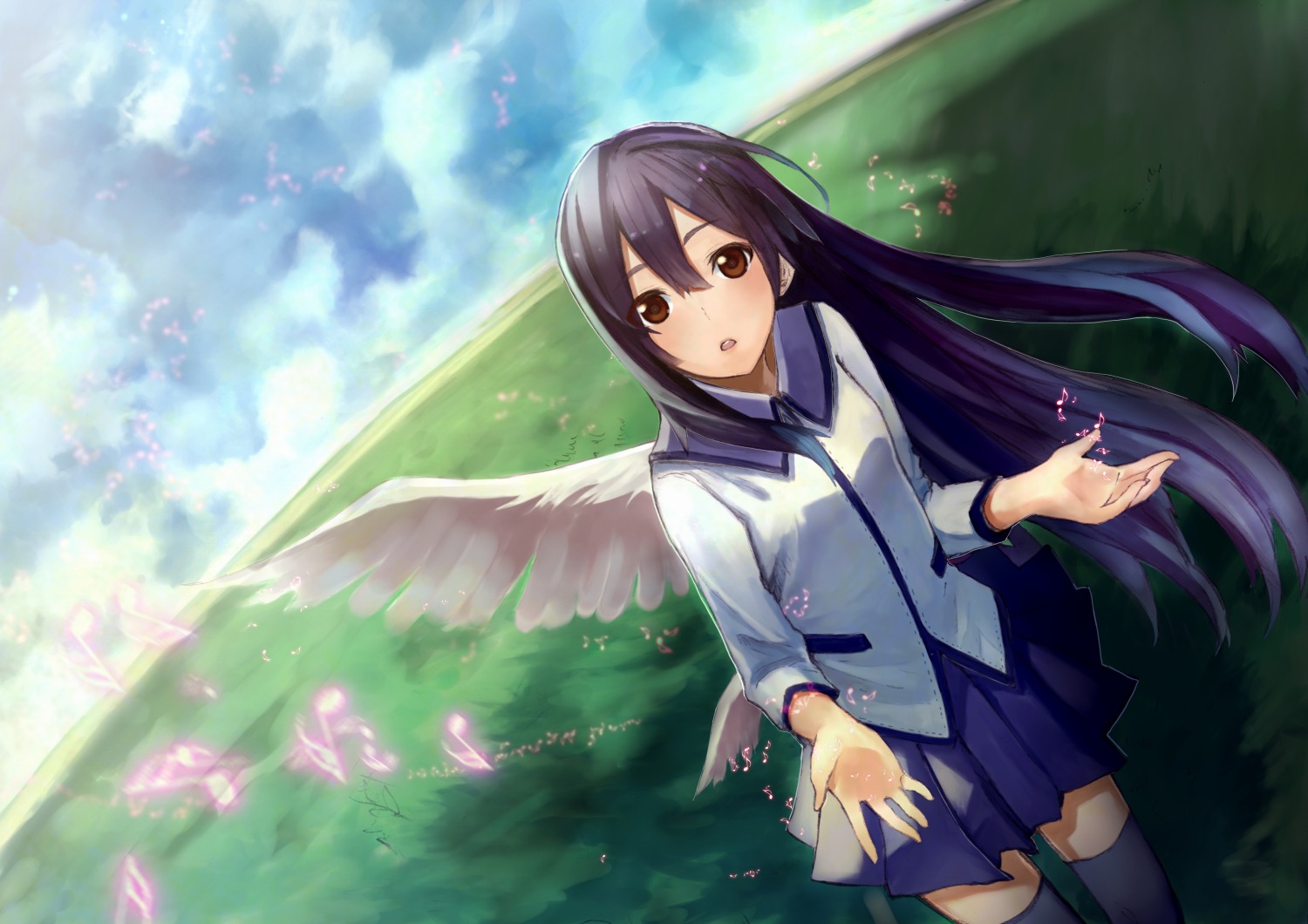 black_hair, brown_eyes, clouds, grass, ichiko_oharu, long_hair, original, school_uniform