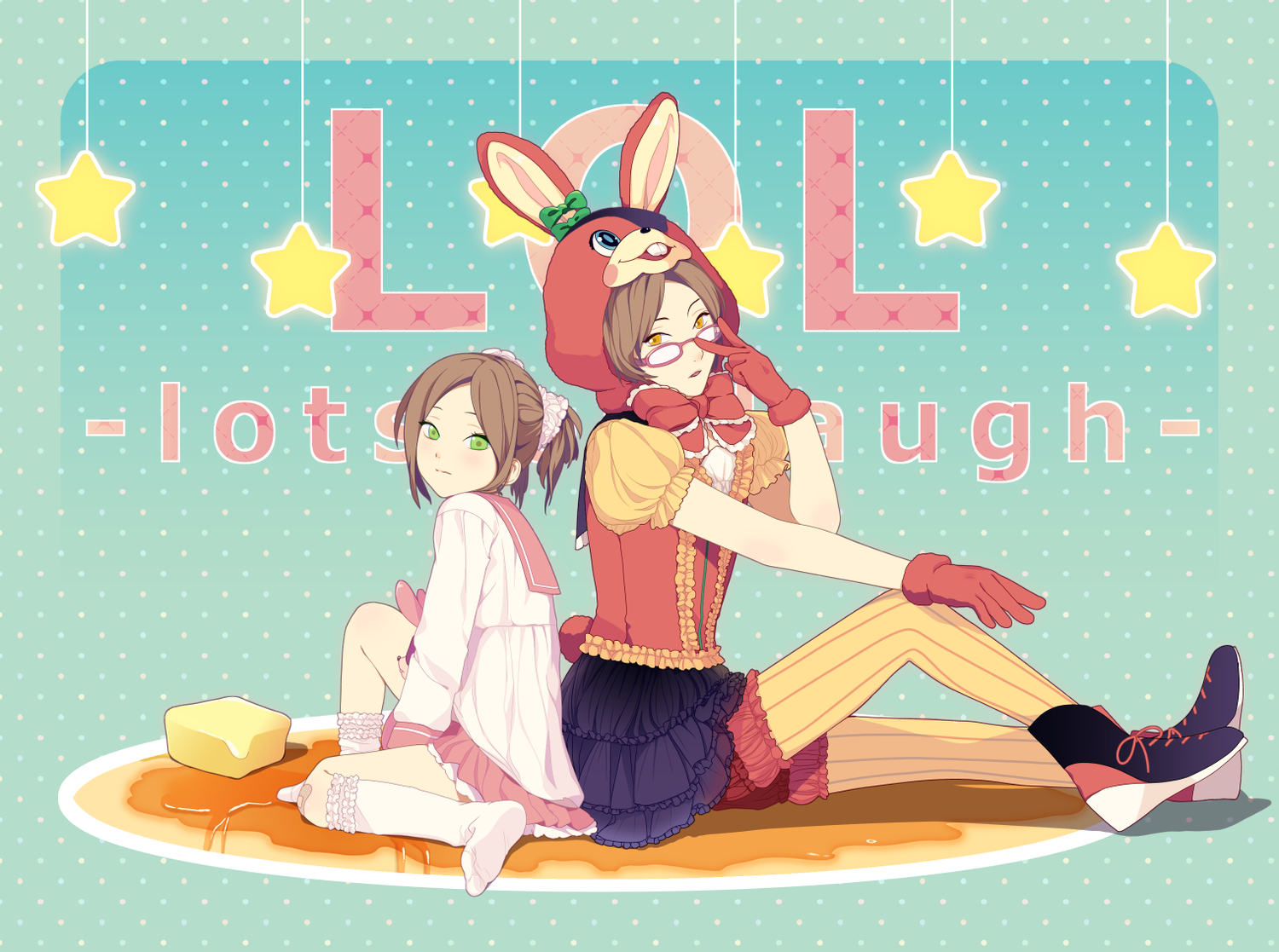 animal_ears, bandaid, bunny_ears, bunnygirl, food, glasses, gloves, green_eyes, kkkoyubi, lots_of_laugh_(vocaloid), sengoku_basara, vocaloid