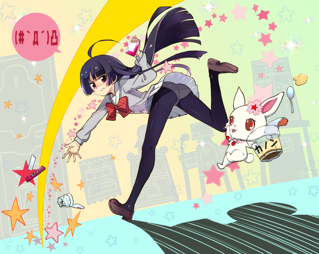 black_hair, bunny, halo_(artist), long_hair, panties, pantyhose, school_uniform, stars, underwear