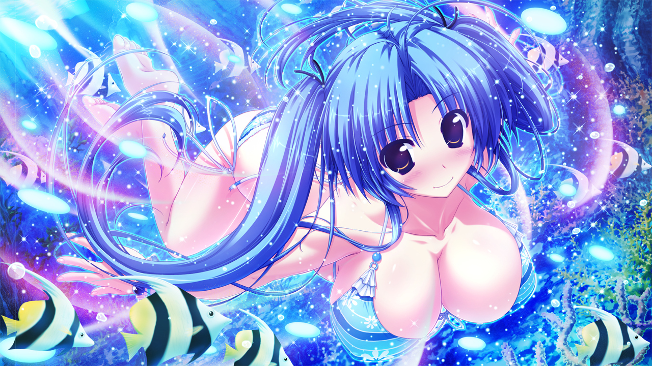 animal, barefoot, bikini, blue_hair, breasts, cleavage, clochette, fish, game_cg, kamikaze_explorer, okihara_kotoha, oshiki_hitoshi, purple_eyes, swimsuit, twintails, underwater, water
