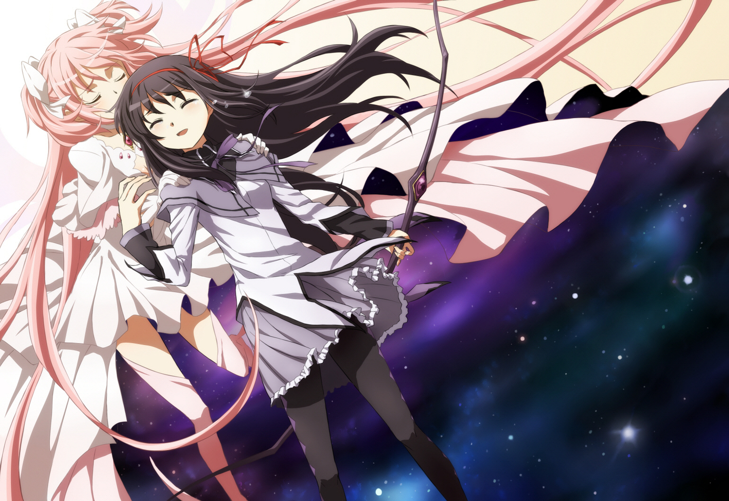 akemi_homura, black_hair, bow, bow_(weapon), dress, kaname_madoka, long_hair, mahou_shoujo_madoka_magica, oiun, pantyhose, pink_hair, ribbons, school_uniform, space, tears, thighhighs, twintails, ultimate_madoka, weapon