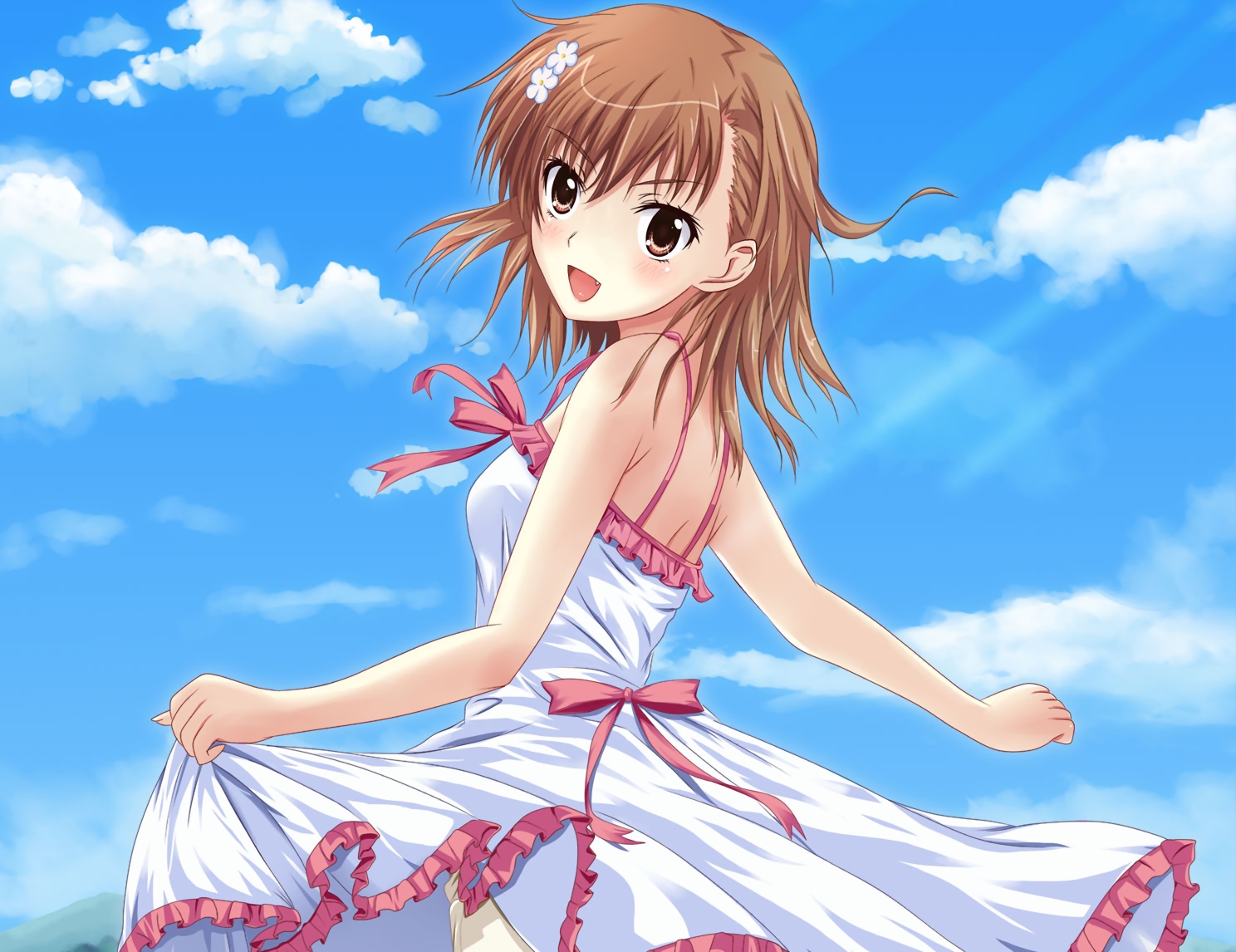 blush, bow, brown_eyes, brown_hair, clouds, dress, fang, kamiko_to_seiryoku, misaka_mikoto, ribbons, short_hair, sky, to_aru_kagaku_no_railgun, to_aru_majutsu_no_index