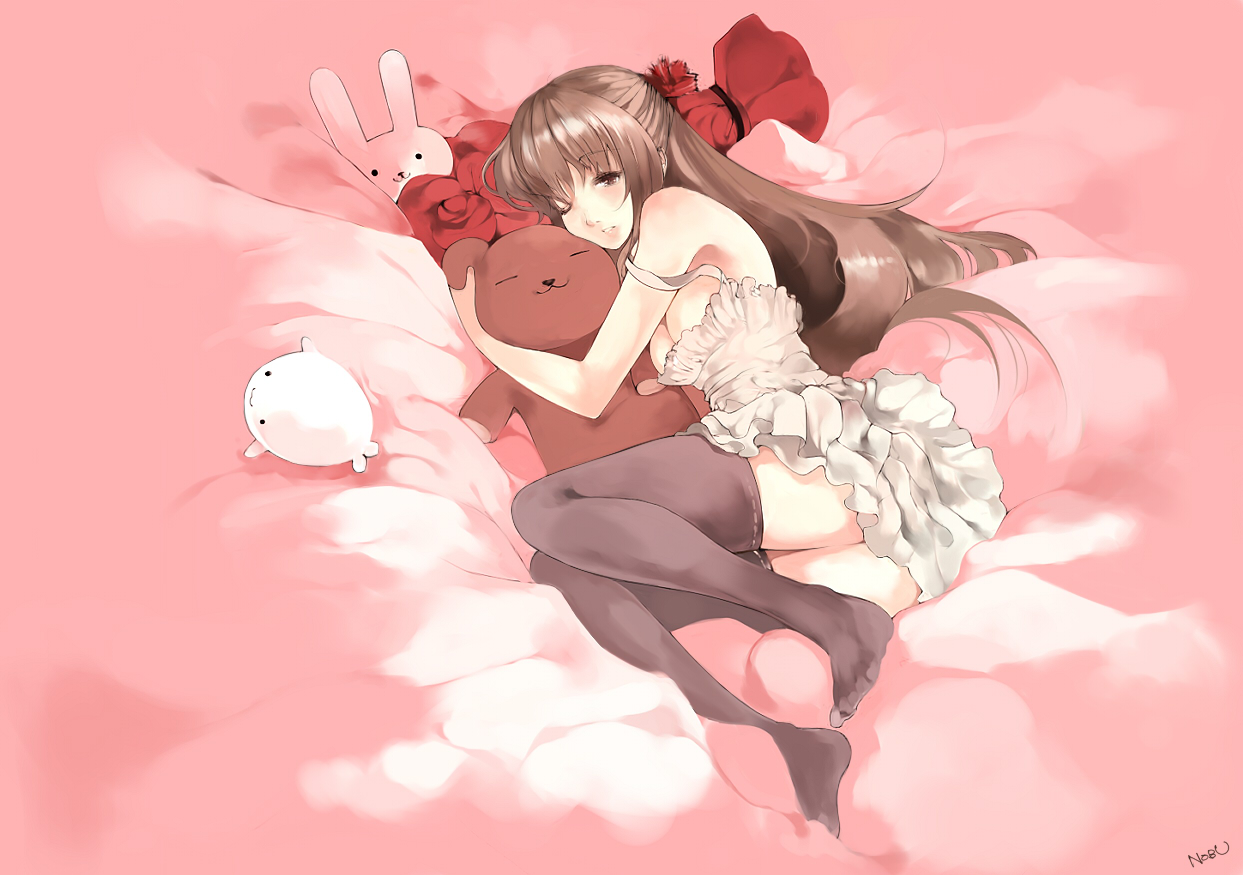 breasts, brown_hair, cleavage, doll, dress, nobusnow, original, thighhighs