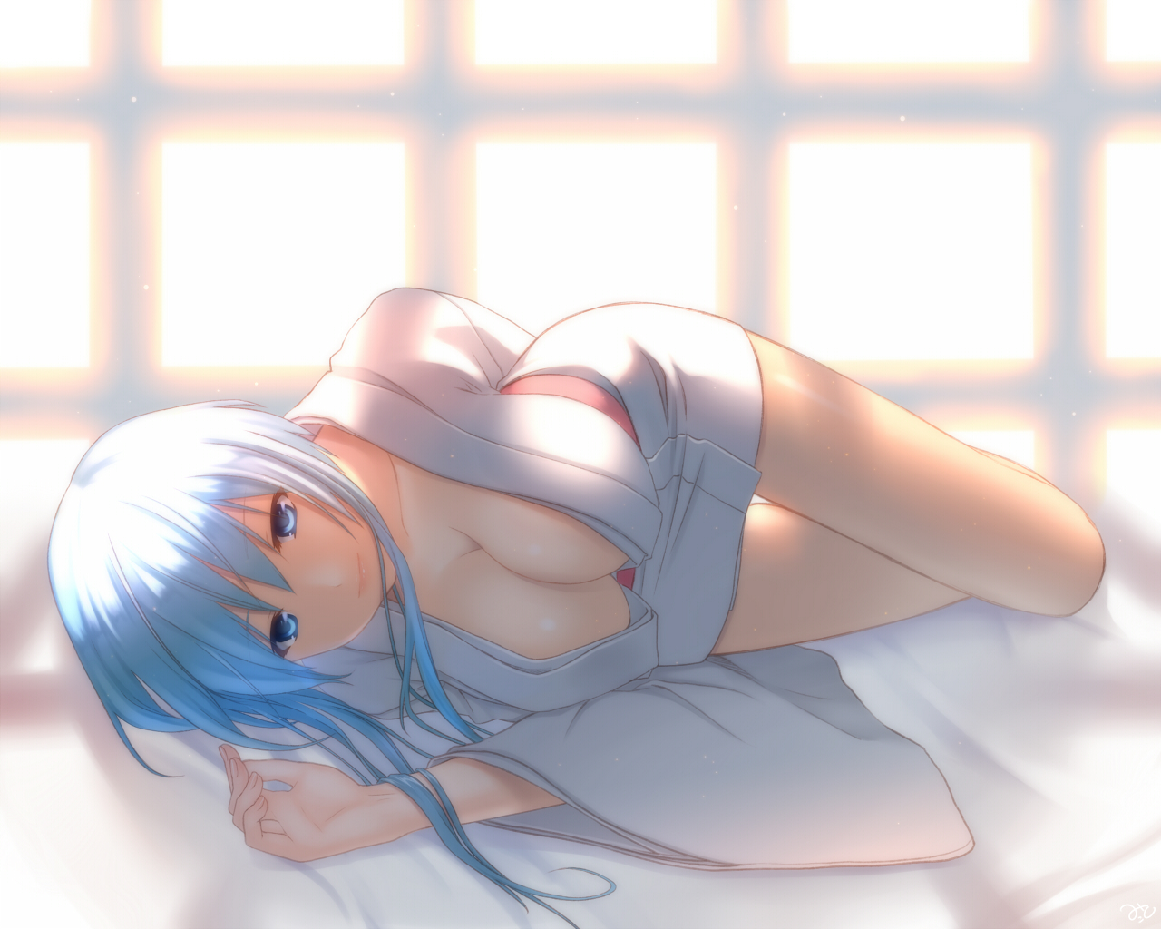 blue_eyes, blue_hair, breasts, cleavage, jigoku_sensei_nube, nana_mikoto, no_bra, yukime