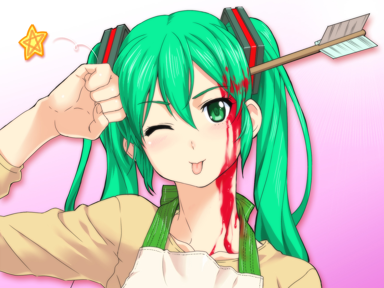blood, close, g-tetsu, green_hair, hatsune_miku, vocaloid, wink