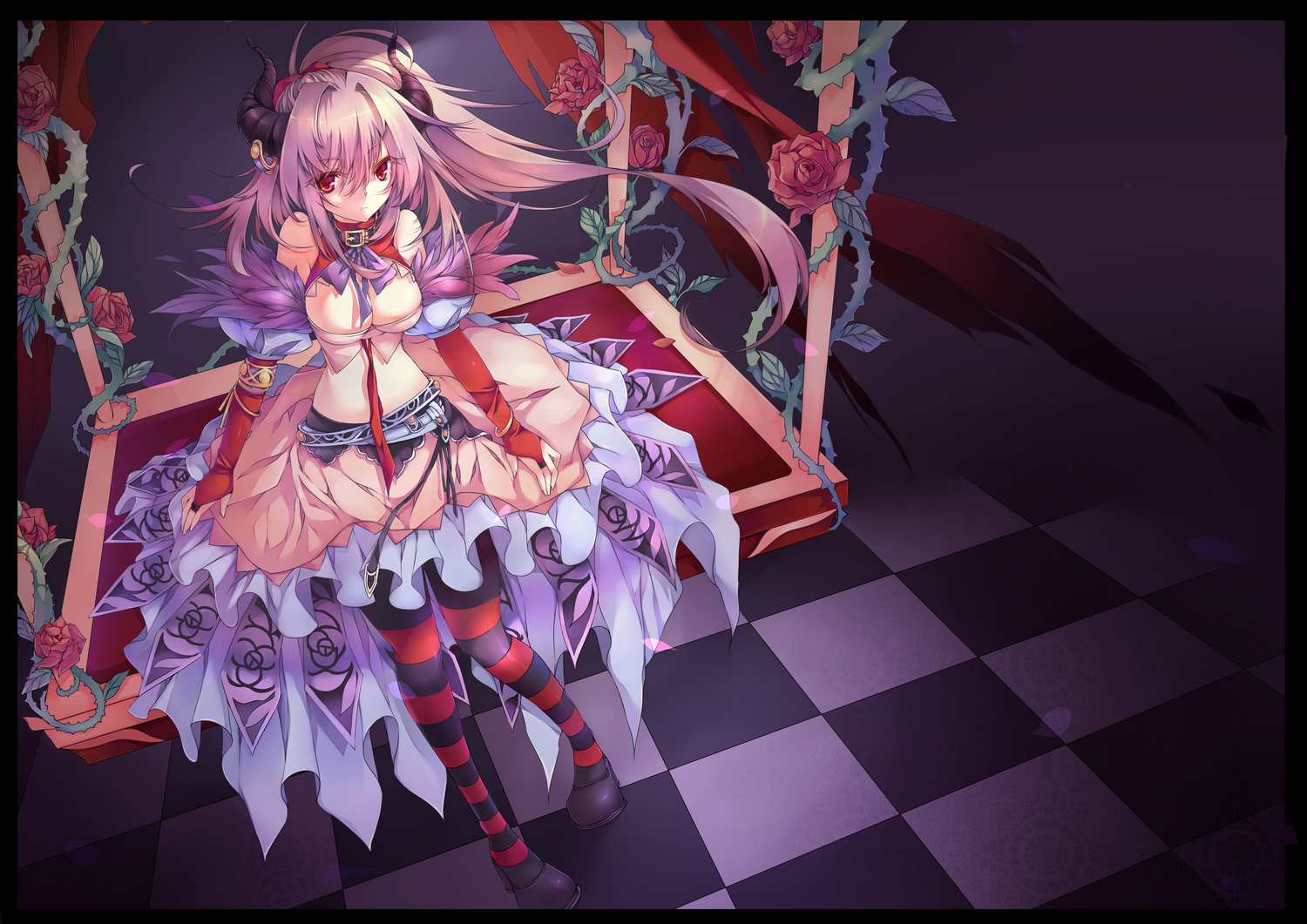 breasts, cleavage, demon, dress, flowers, horns, original, pink_hair, red_eyes, red_silk_bird, rose