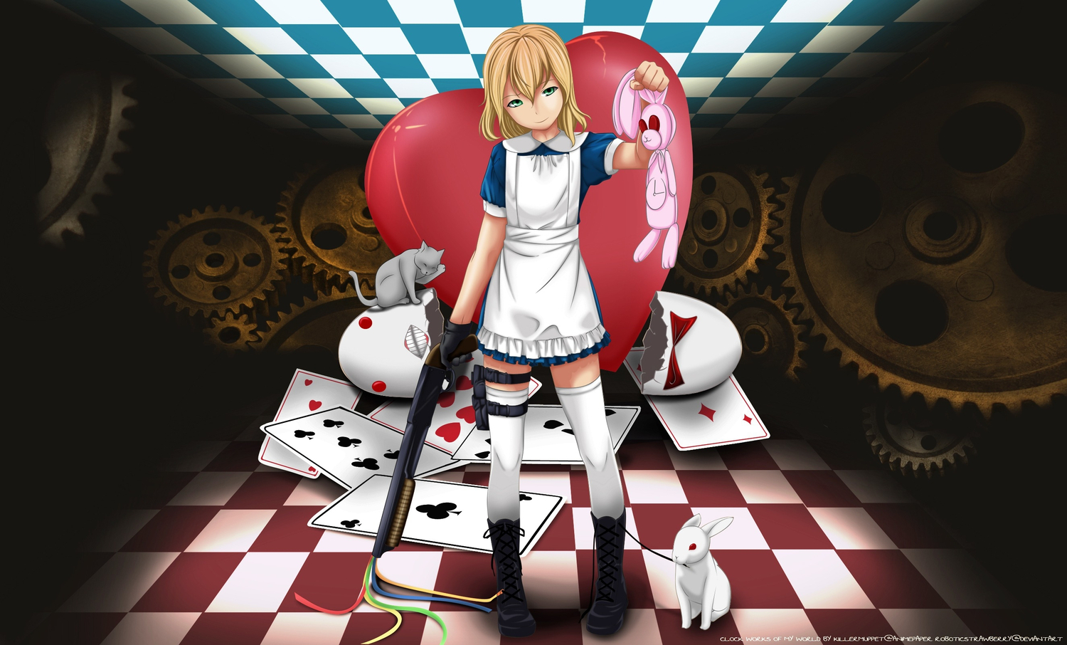 alice_in_wonderland, animal, blonde_hair, bunny, cat, green_eyes, gun, killermuppet, weapon