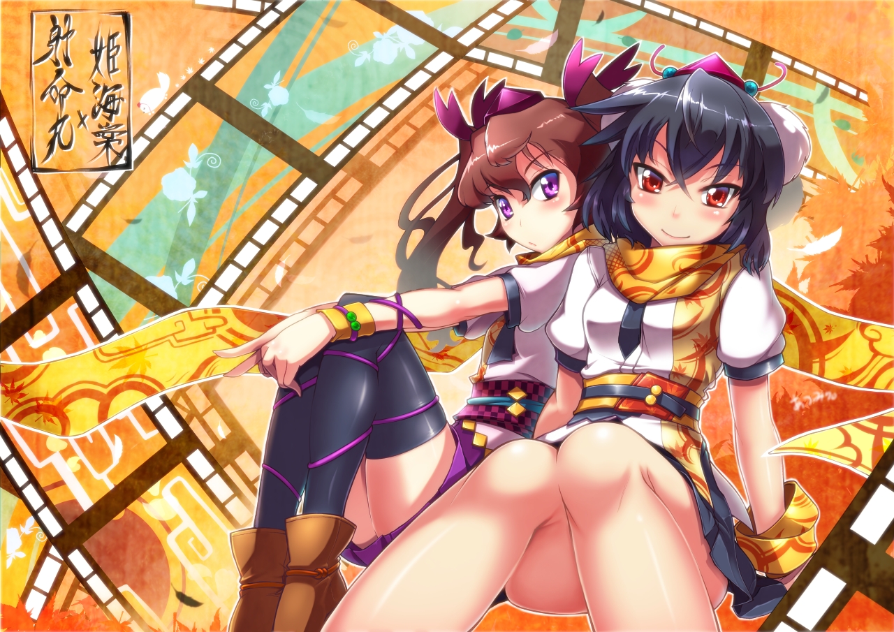 2girls, black_hair, blush, brown_hair, hat, himekaidou_hatate, purple_eyes, red_eyes, scarf, shameimaru_aya, short_hair, taketora, thighhighs, tie, touhou, twintails