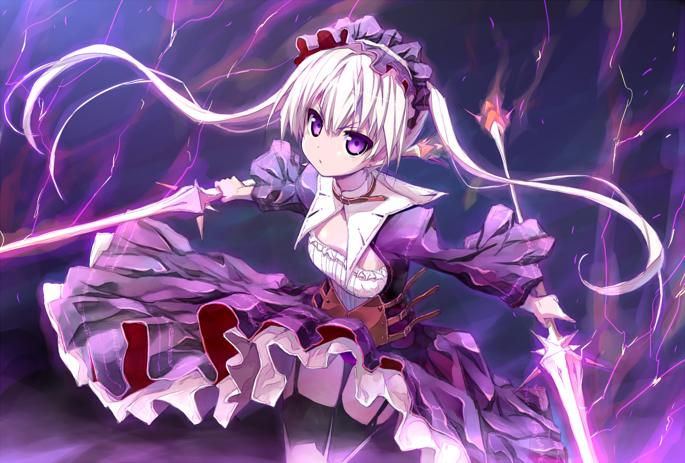 akata_itsuki, dress, long_hair, original, panties, purple_eyes, thighhighs, twintails, underwear, weapon