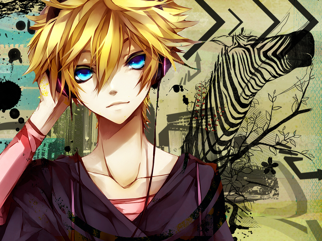 all_male, animal, blonde_hair, blue_eyes, headphones, kagamine_len, male, matsunaka_hiro, saihate_(vocaloid), vocaloid