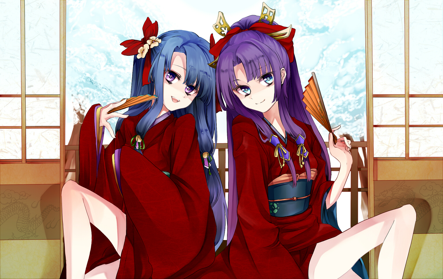 2girls, blue_eyes, blue_hair, fan, japanese_clothes, kara_hayashi, kimono, kurabayashi, long_hair, original, purple_eyes, purple_hair, ribbons