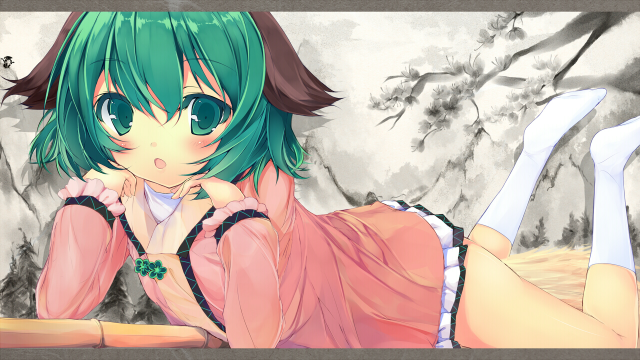 animal_ears, flowers, green_eyes, green_hair, kasodani_kyouko, mayuzaki_yuu, stockings, touhou