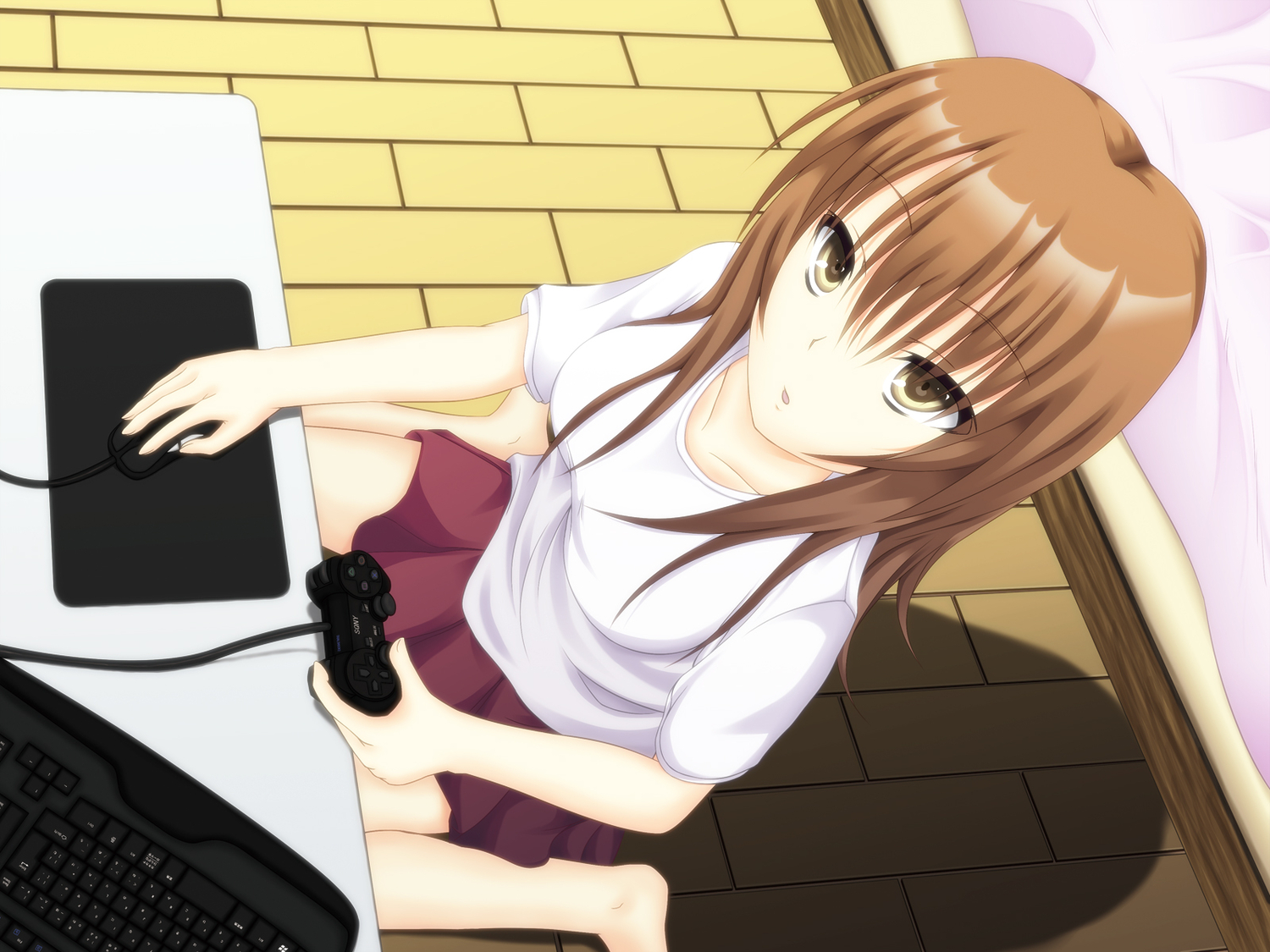 barefoot, brown_eyes, brown_hair, computer, game_console, original, shake_(ferit3), skirt