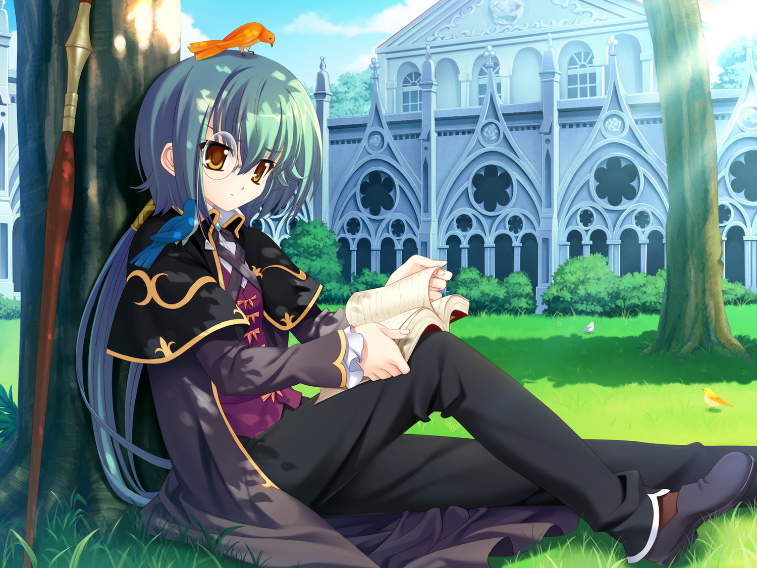 animal, bird, boku_no_te_no_naka_no_rakuen, book, brown_eyes, caramel_box, game_cg, glasses