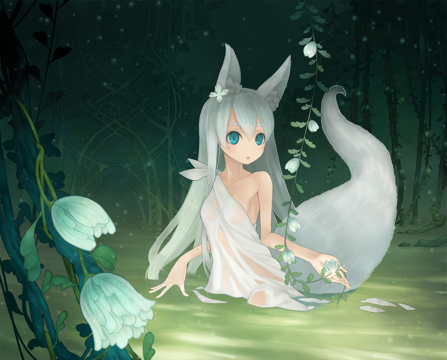 animal_ears, aqua_eyes, flowers, foxgirl, gray_hair, haruno, original, see_through, tail, water, wet
