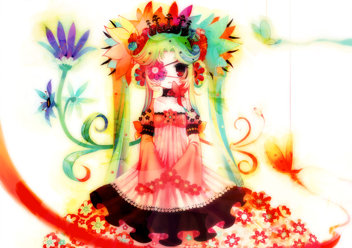 butterfly, dress, eyepatch, flowers, long_hair, nishiki_koi, original, red_eyes