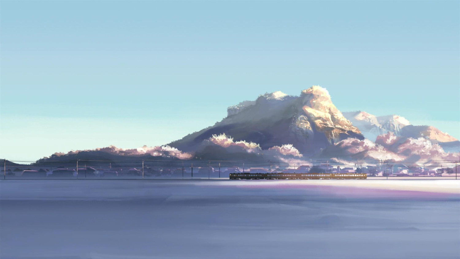 byousoku_5_centimetre, landscape, no_humans, scenic, shinkai_makoto, sky, snow, train