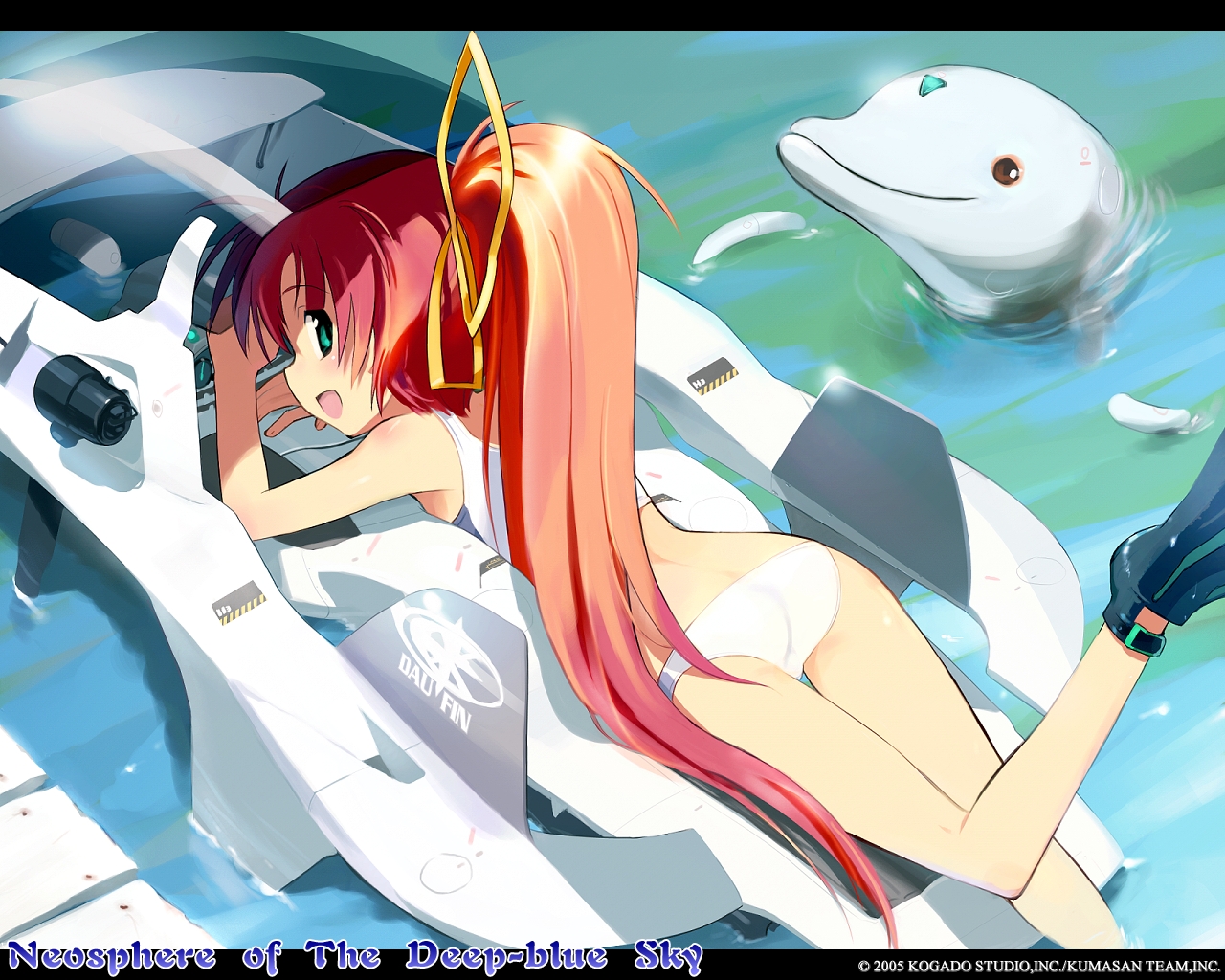 animal, aoi_sora_no_neosphere, aoi_umi_no_tristia, aqua_eyes, bikini, fish, loli, long_hair, nanoca_flanka, ponytail, red_hair, shimada_fumikane, swimsuit, water, watermark