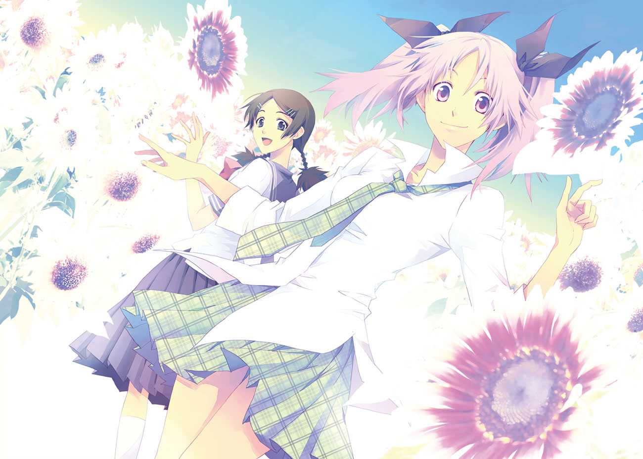 flowers, school_uniform, shiki, shimizu_megumi, sunflower, tanaka_kaori, twintails