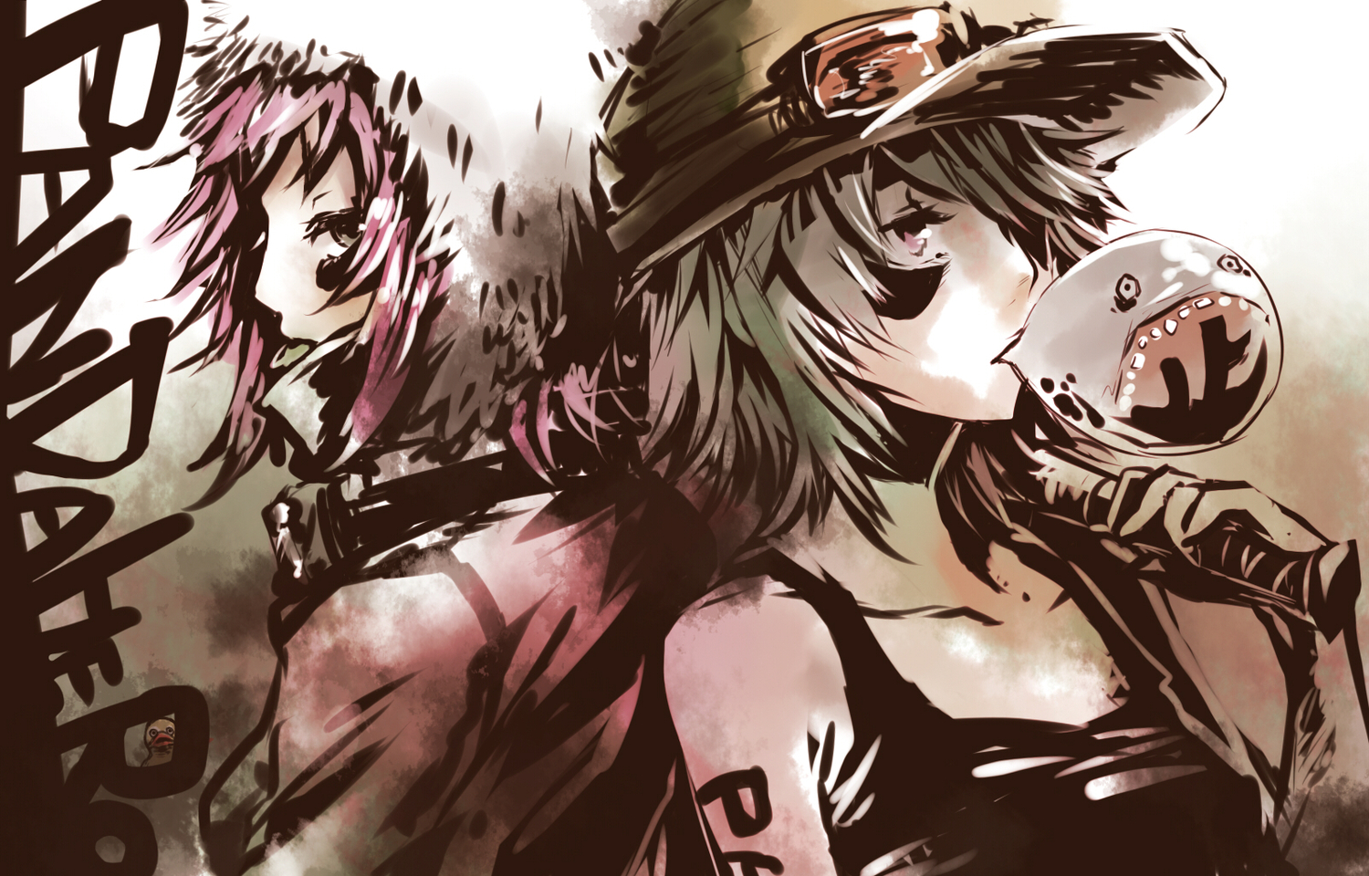 dlei, green_hair, gumi, hat, panda_hero_(vocaloid), pink_hair, vocaloid