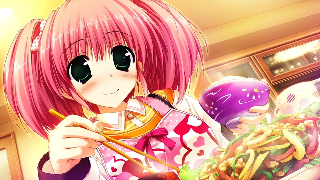 blush, clochette, food, game_cg, green_eyes, hayase_manami, kamikaze_explorer, oshiki_hitoshi