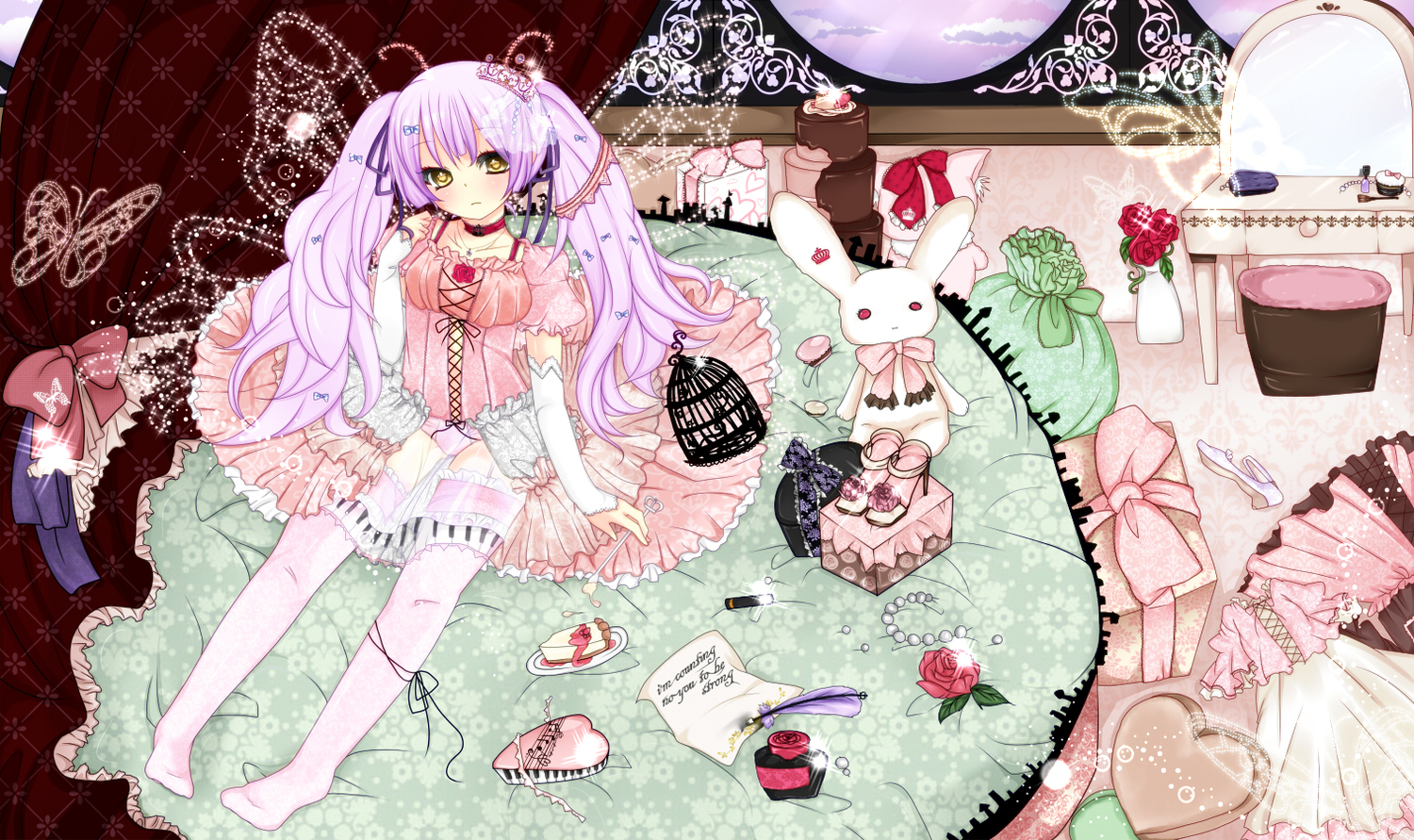 dress, flowers, original, panties, pink_hair, sakuragi_yuzuki, see_through, stockings