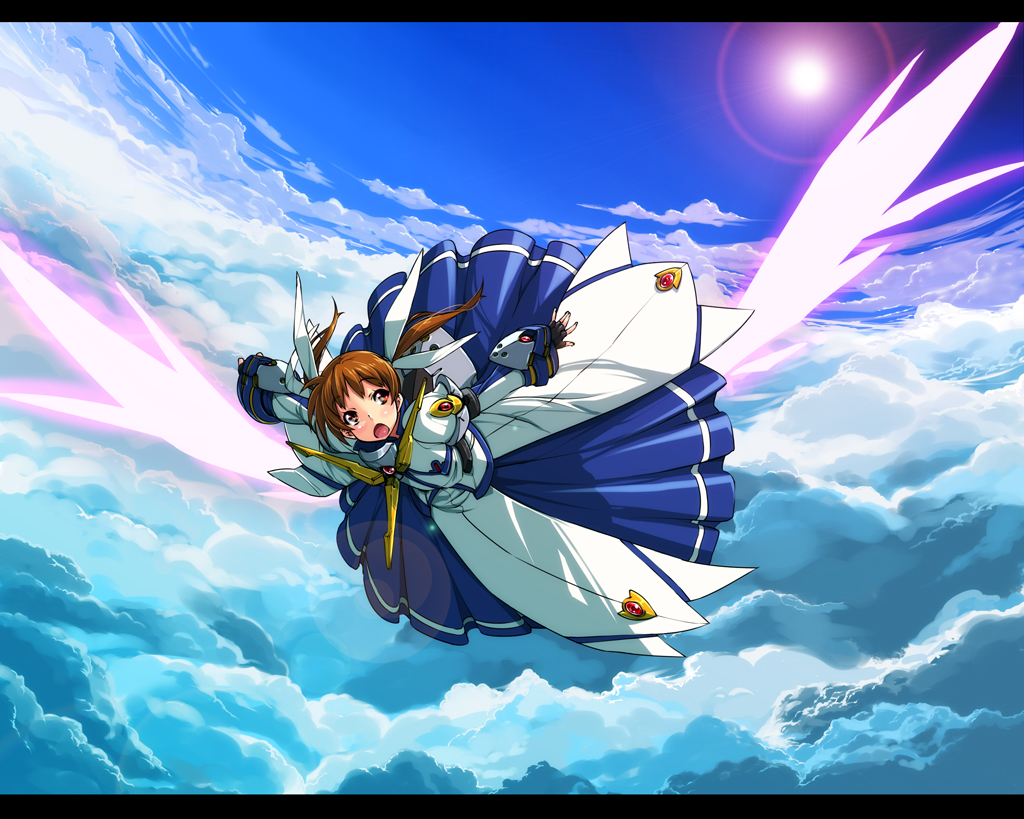 armor, bow, brown_eyes, brown_hair, clouds, gloves, mahou_shoujo_lyrical_nanoha, nekomamire