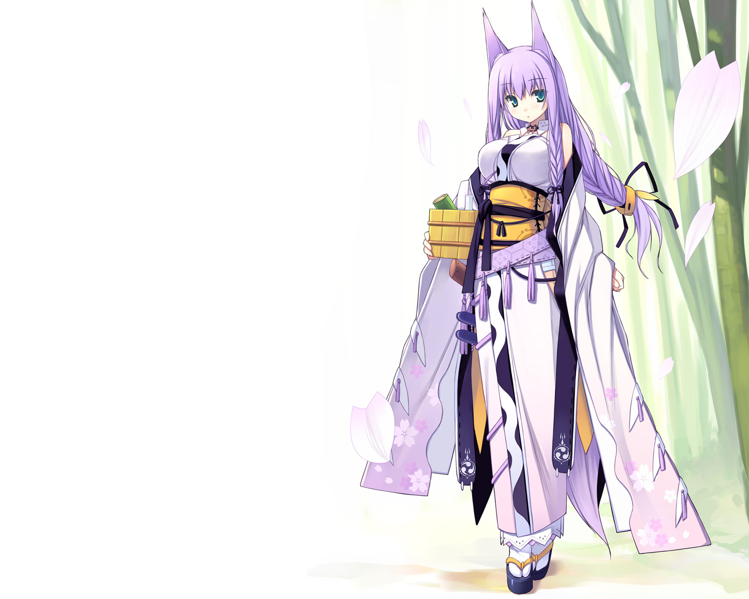 animal_ears, aqua_eyes, braids, foxgirl, japanese_clothes, kimono, poco_(asahi_age), purple_hair