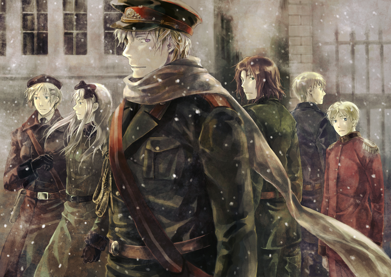 anthropomorphism, axis_powers_hetalia, belarus_(hetalia), estonia_(hetalia), group, hat, latvia_(hetalia), lithuania_(hetalia), male, military, russia_(hetalia), snow, ukraine_(hetalia), uniform, winter