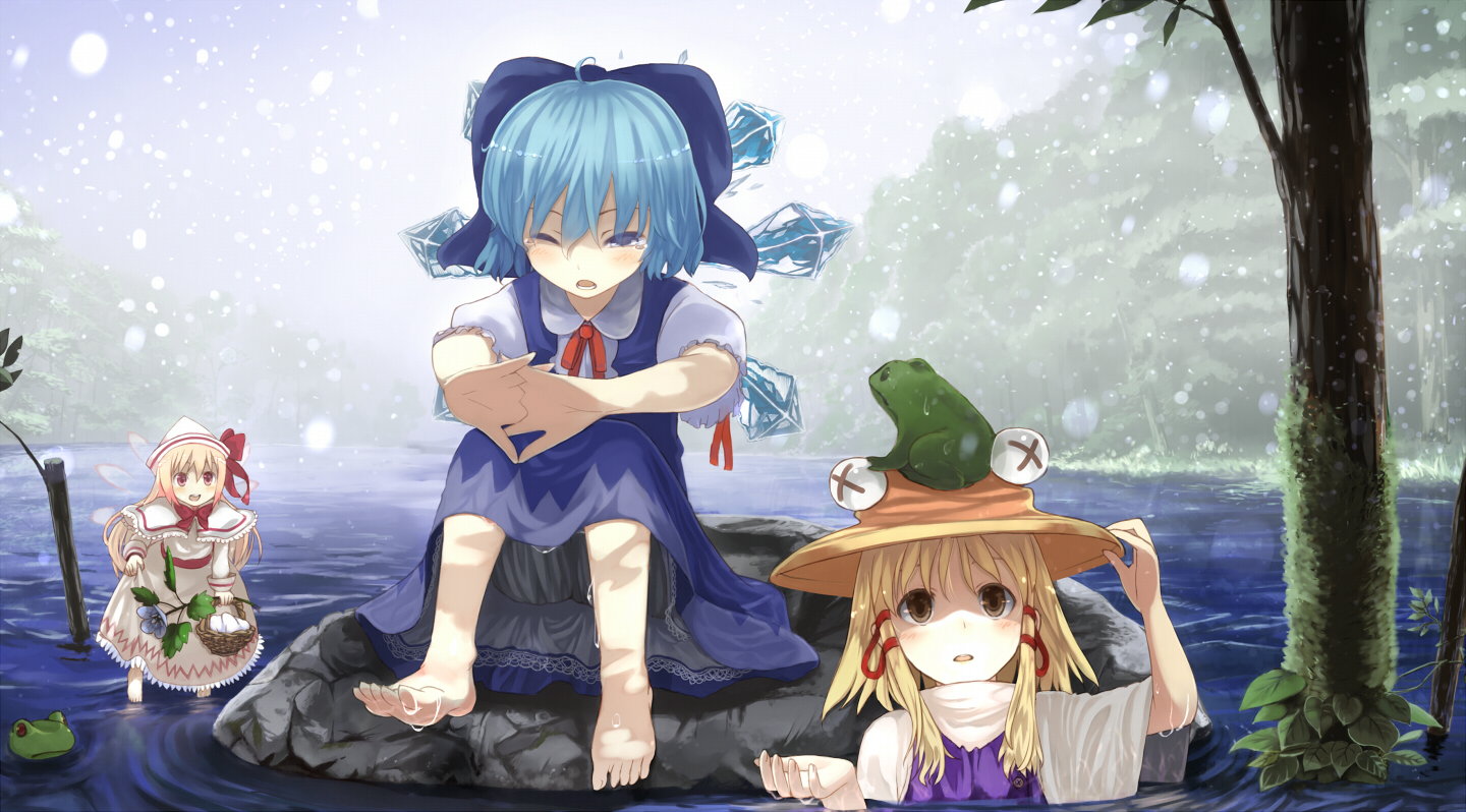 animal, barefoot, blonde_hair, blue_eyes, blue_hair, brown_eyes, cirno, dress, fairy, flowers, hat, lily_white, moriya_suwako, ochau, red_eyes, tears, touhou, water, wings