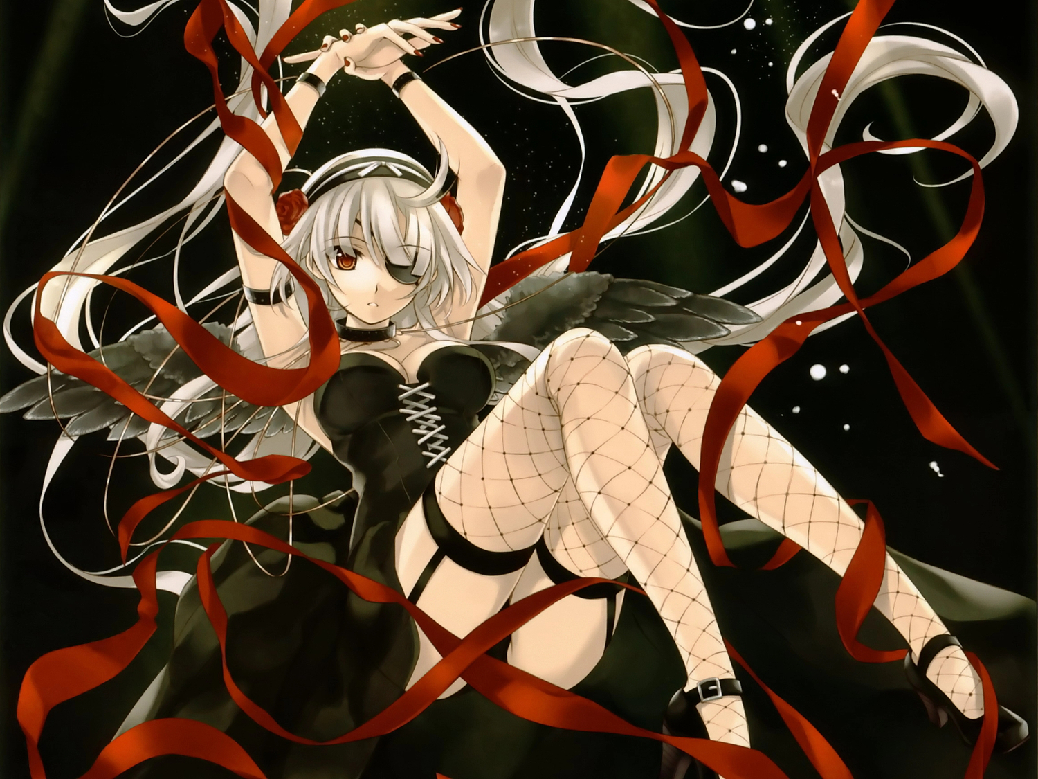 breasts, cleavage, cradle, eyepatch, gray_hair, long_hair, misaki_kurehito, wings