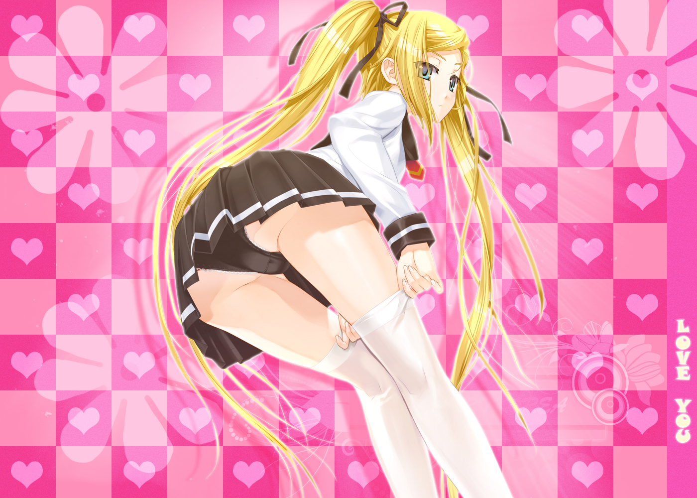 ass, blonde_hair, happoubi_jin, kanojo_x_kanojo_x_kanojo, long_hair, orifushi_mafuyu, panties, school_uniform, skirt, thighhighs, third-party_edit, twintails, underwear, upskirt