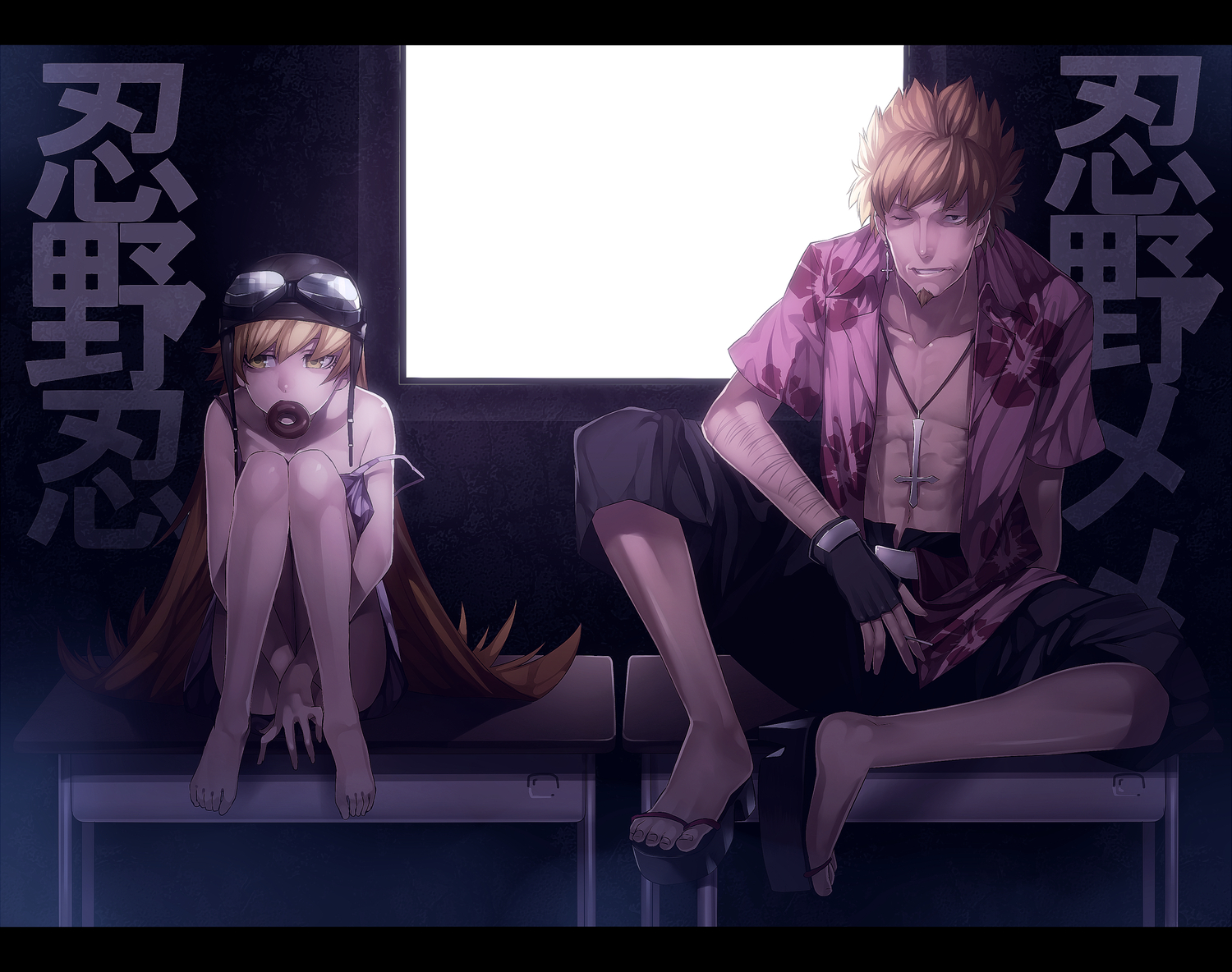 bakemonogatari, barefoot, blonde_hair, cigarette, cross, dress, gloves, goggles