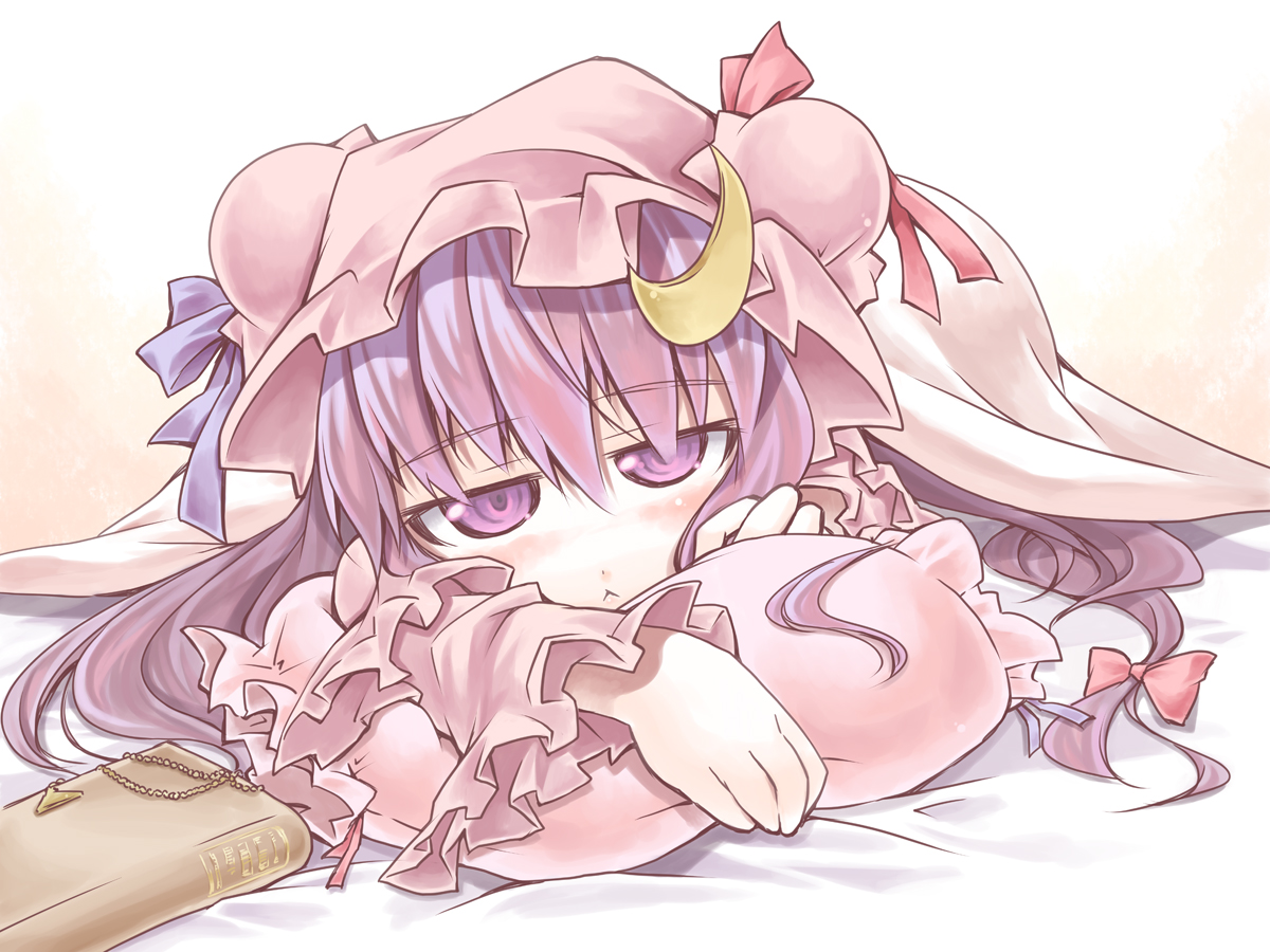 bed, book, hat, nyagakiya, patchouli_knowledge, purple_eyes, purple_hair, touhou