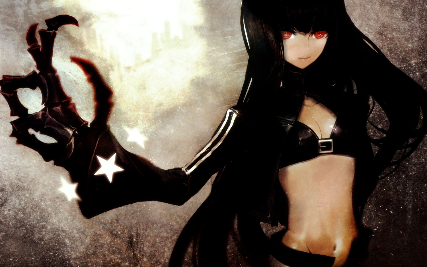 bikini_top, black_hair, black_rock_shooter, breasts, cleavage, gloves, huke, irino_saya