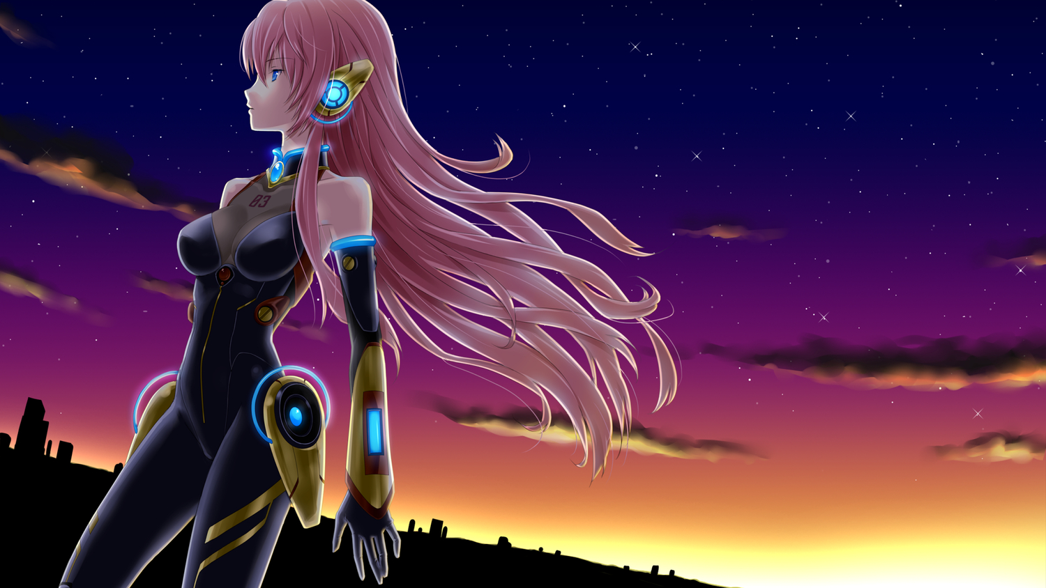 asami_(undoundo), clouds, megurine_luka, pink_hair, sky, sunset, vocaloid