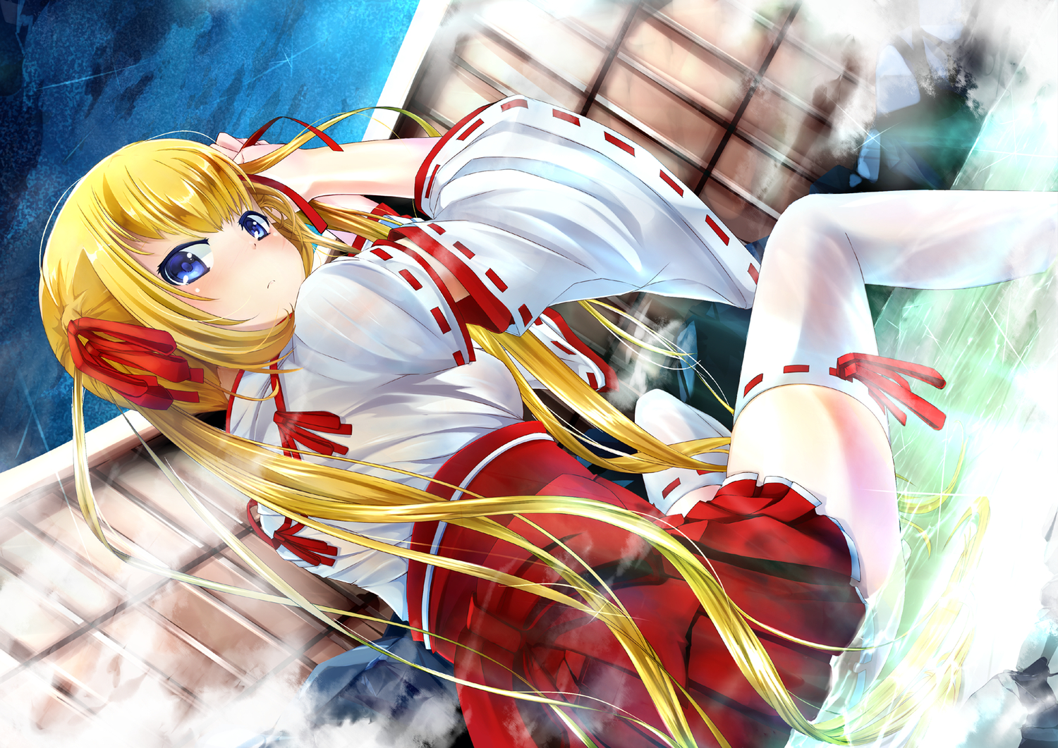 blonde_hair, blue_eyes, japanese_clothes, miko, momiji_oroshi, onsen, original, thighhighs