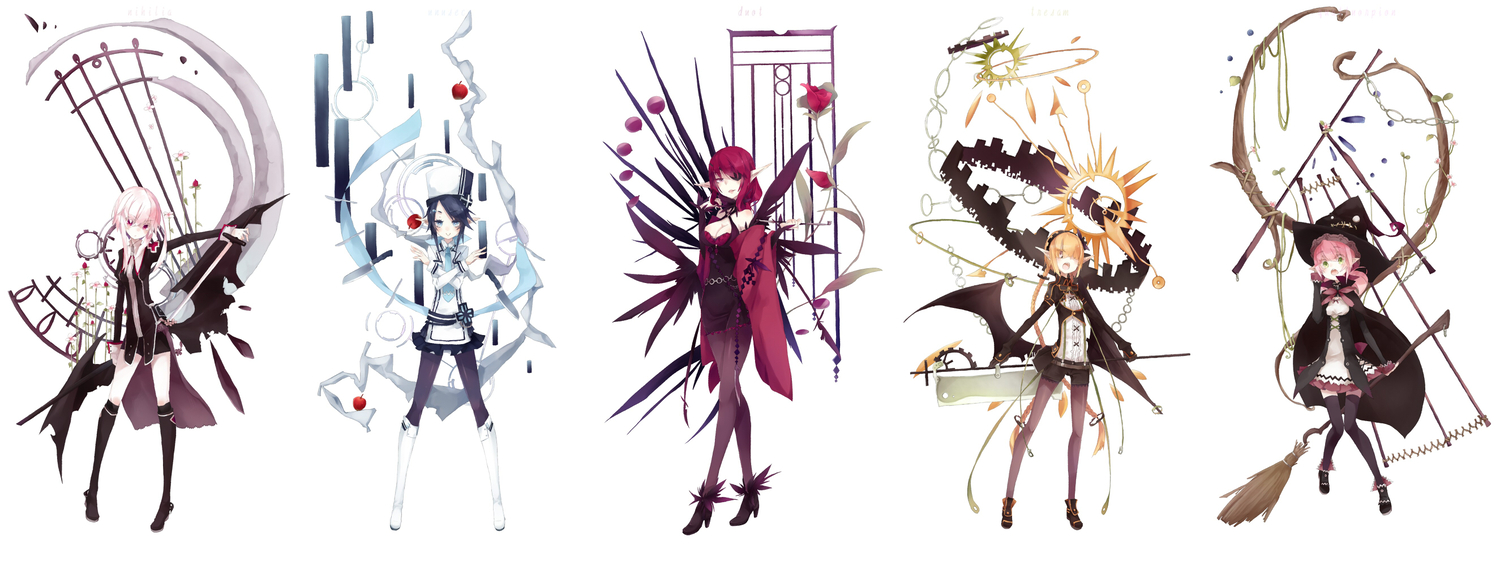 blonde_hair, eyepatch, flowers, group, original, pantyhose, pink_hair, pointed_ears, rose, shiomachi, shorts, sword, weapon, white, wings