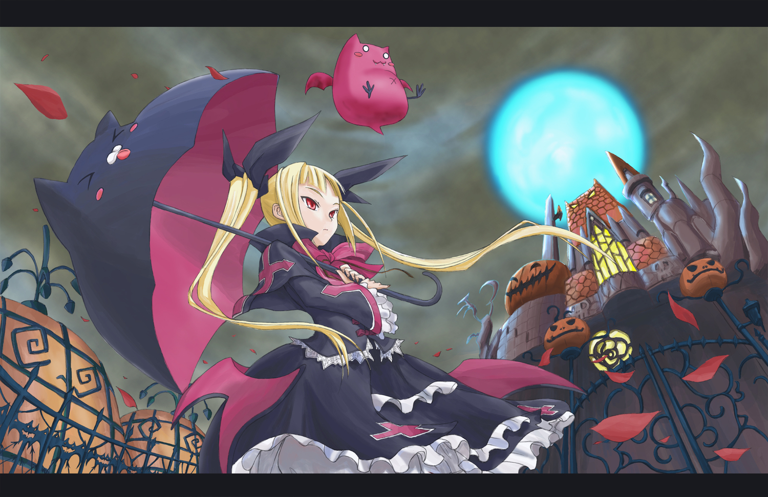 blazblue, blonde_hair, dress, moon, nago, rachel_alucard, twintails, umbrella