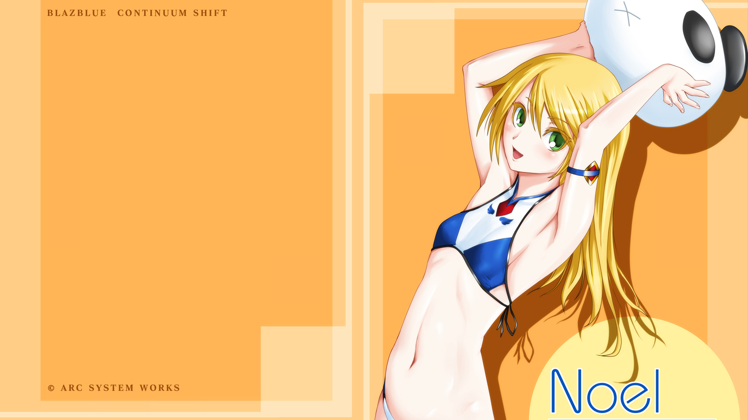 bikini, blazblue, blonde_hair, flat_chest, green_eyes, noel_vermillion, swimsuit