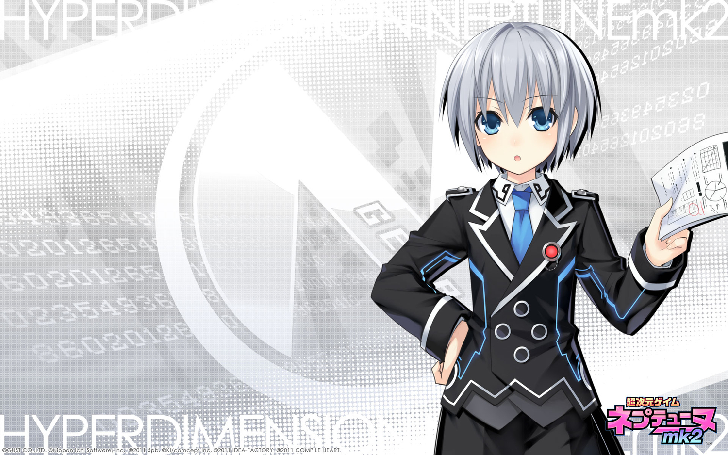 blue_eyes, gray_hair, hyperdimension_neptunia_mk2, jinguuji_kei, logo, short_hair, tsunako, uniform