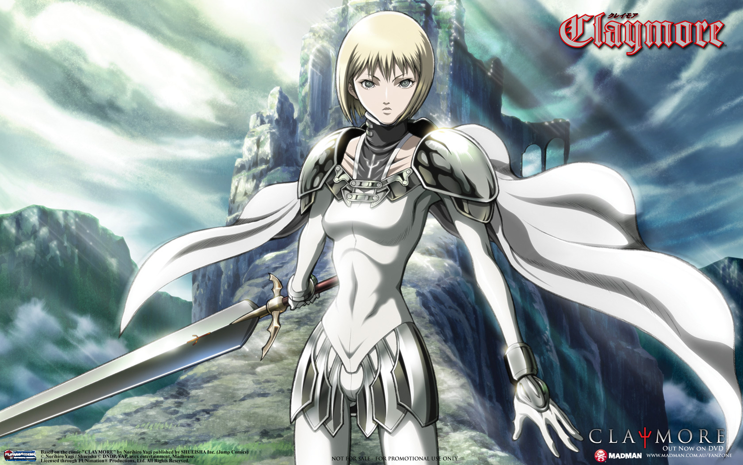 armor, blonde_hair, cape, clare, claymore, grass, landscape, scenic