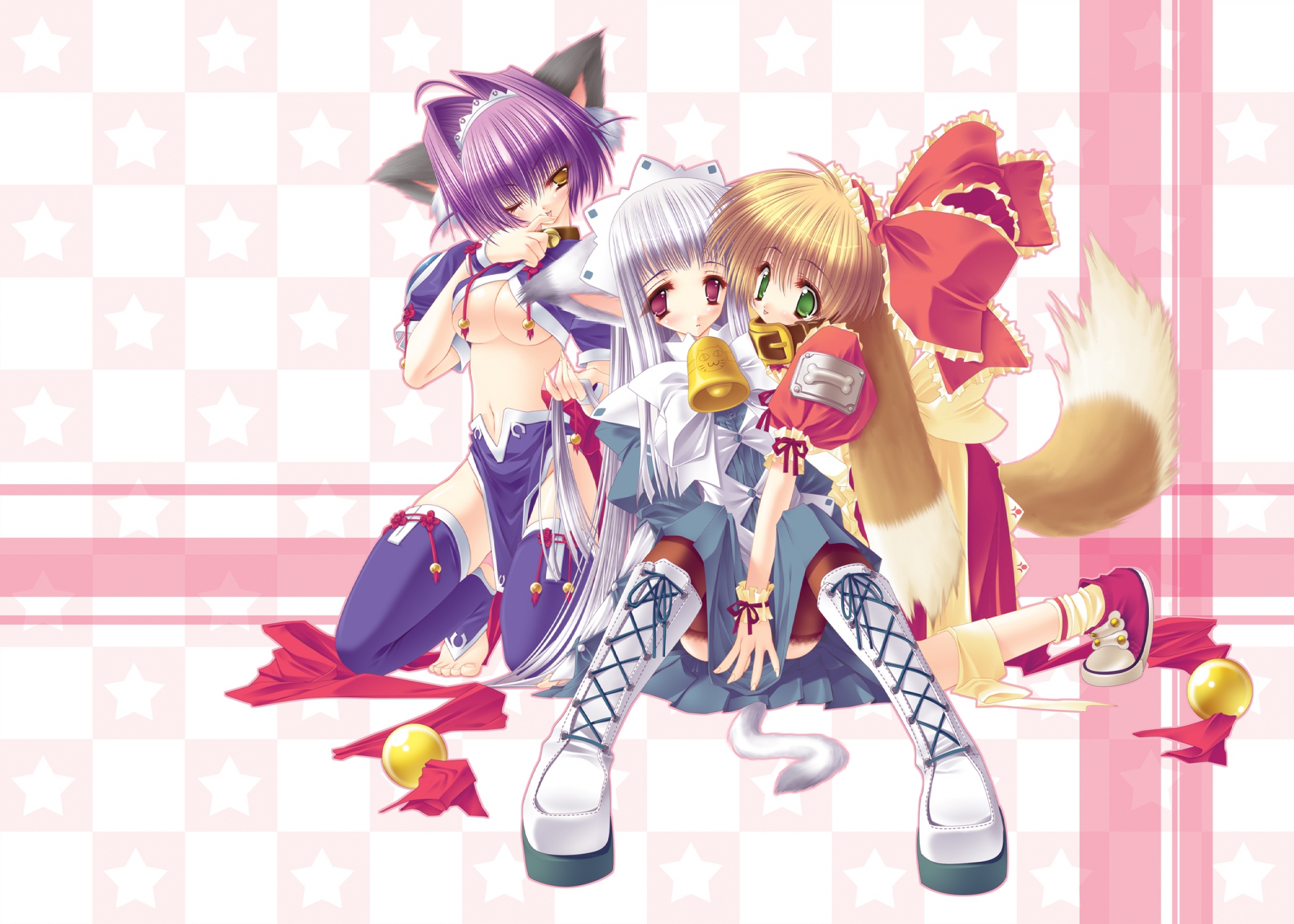 animal_ears, bell, boots, bow, breasts, brown_hair, catgirl, clover_(company), collar, green_eyes, headdress, kurohime_(puni_puni_handmaid), no_bra, pochiko_(puni_puni_handmaid), puni_puni_handmaid, purple_eyes, red_eyes, ribbons, tail, thighhighs, underboob, white_hair, yui_(puni_puni_handmaid)