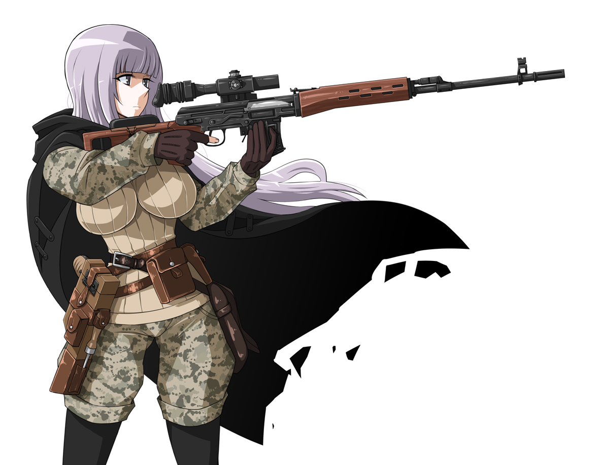 enoshima_iki, gloves, gun, long_hair, original, purple_eyes, purple_hair, uniform, weapon