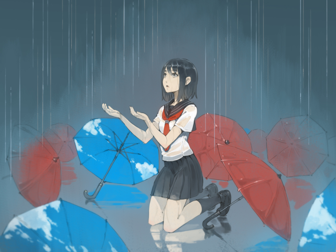 original, rain, school_uniform, tko_(artist), umbrella, water, wet