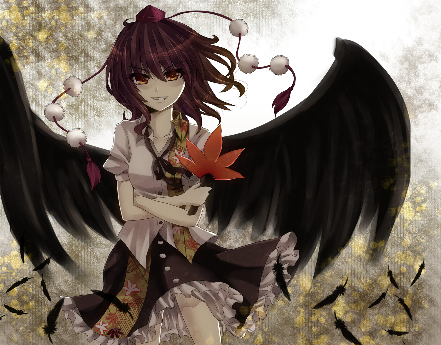 brown_eyes, brown_hair, fan, feathers, hat, ikeda_hazuki, shameimaru_aya, touhou, wings